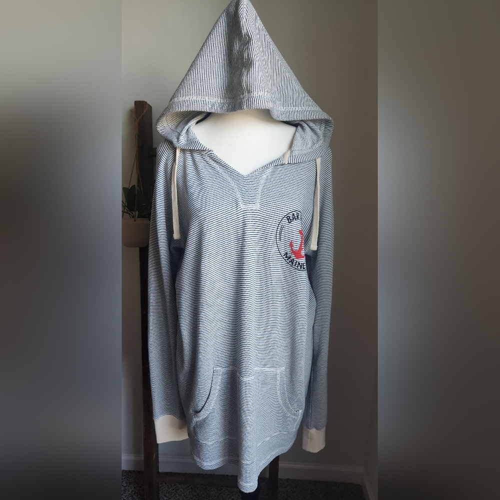 Striped Hooded Pullover Sweatshirt with Anchor Graphic - Blue/White